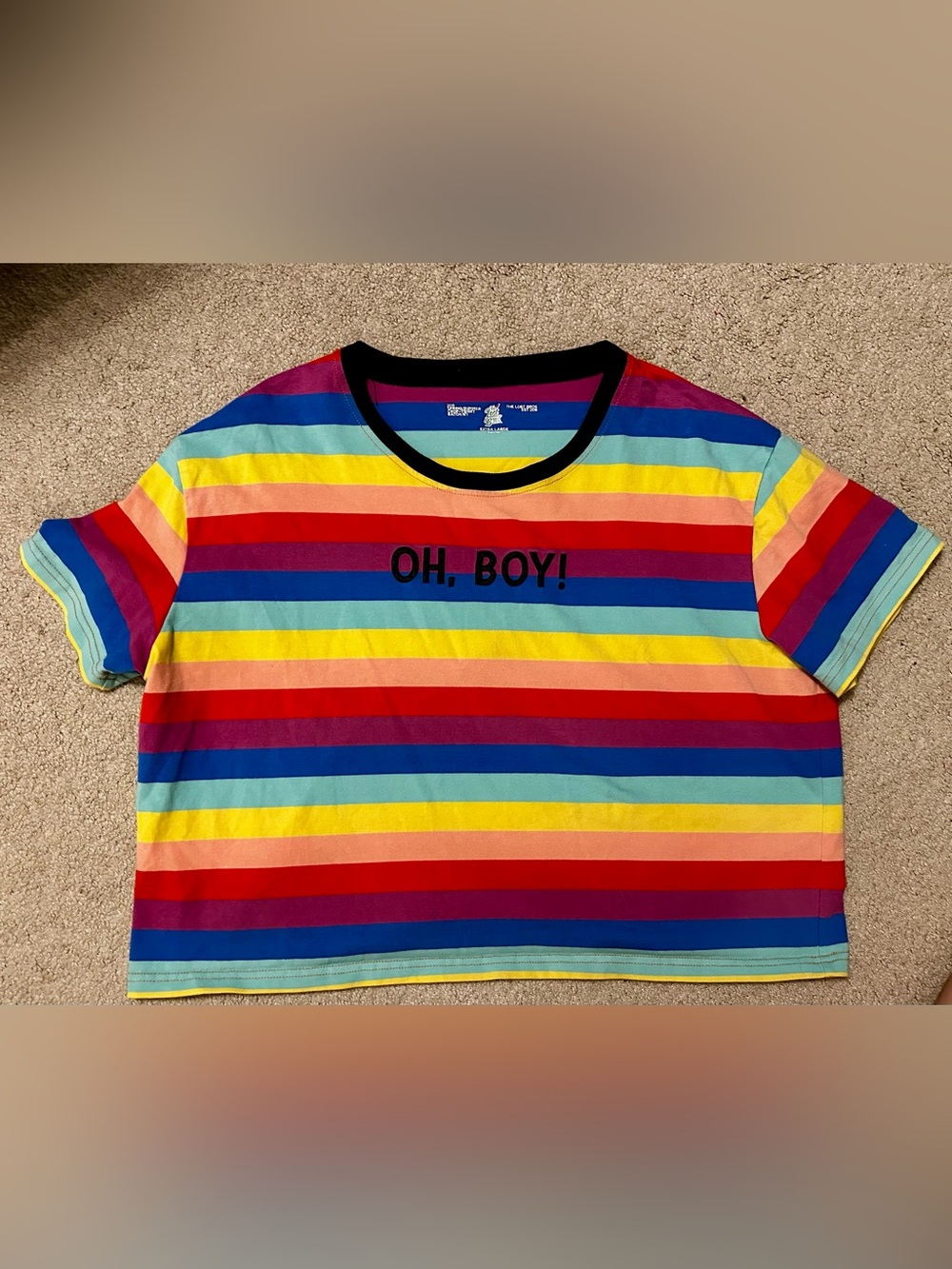 The Lost Bros "OH, BOY!" Rainbow Striped Cropped Ringer Tee - Size XL